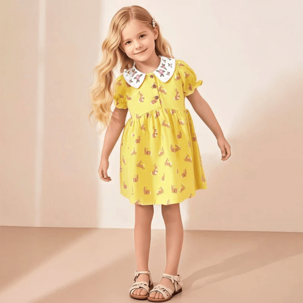 Sweet Bunny Print Girls Dress With Puff Sleeves - Beekee