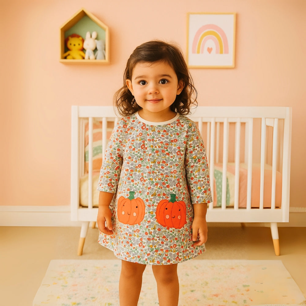 Girls Long Sleeve Dress | 100% Cotton Floral Print with Pumpkin Appliqués |  Sizes 2Y-7Y