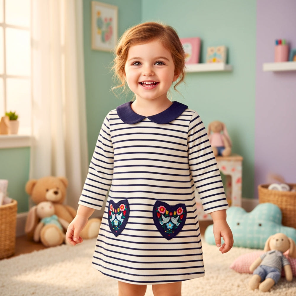 Sweetheart Striped Girls Long Sleeve Dress - Beekee