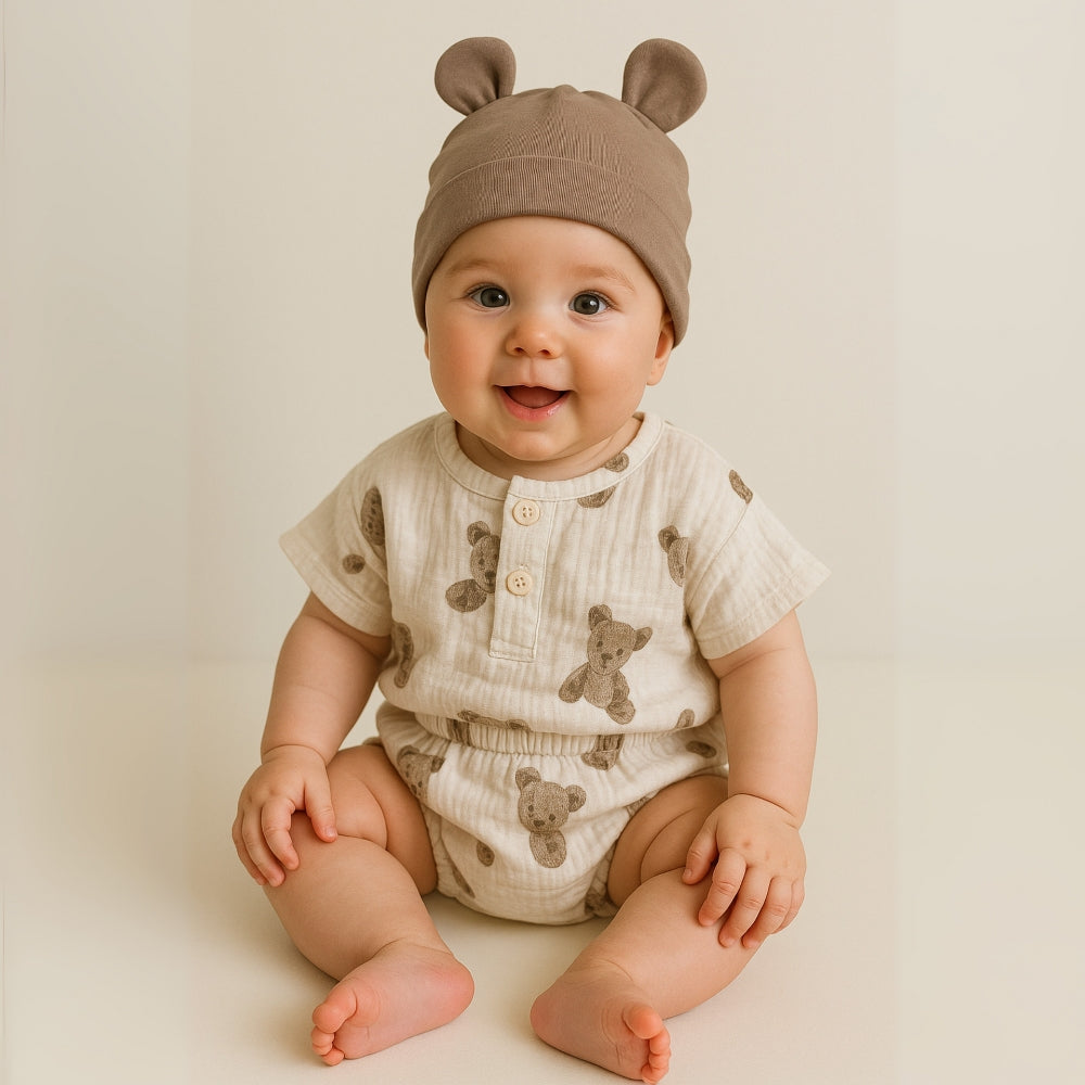 Teddy Bear Buttoned Shirt and Shorts Set with Hat - Beekee