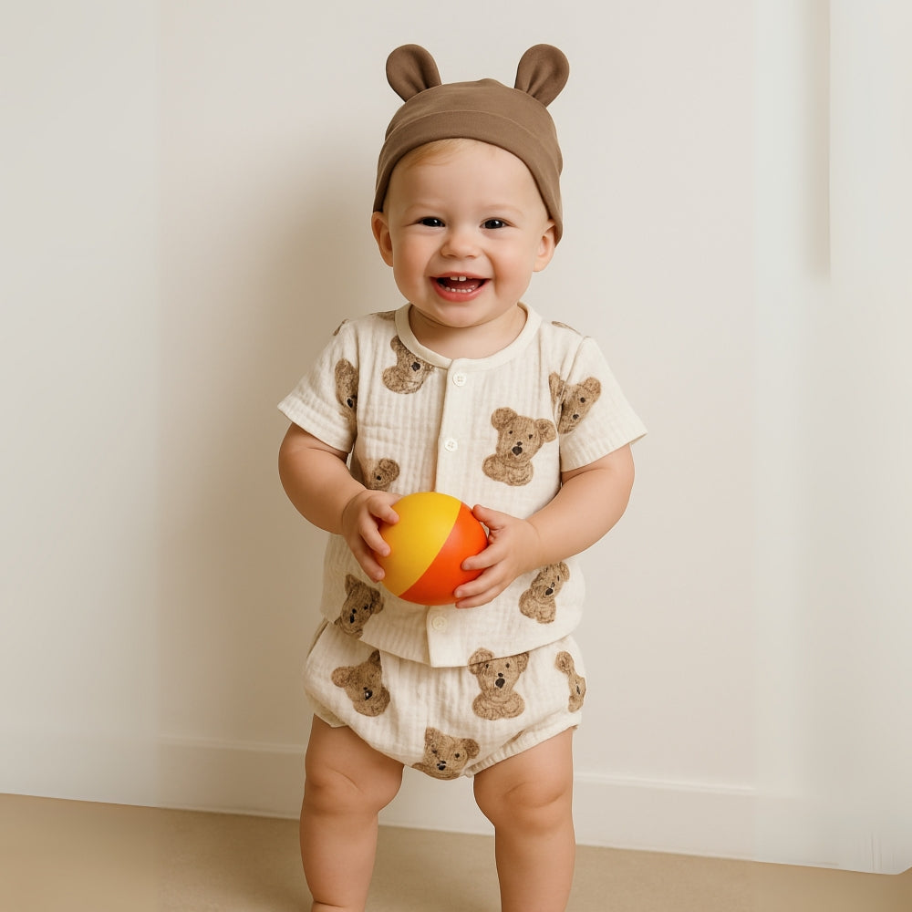 Teddy Bear Buttoned Shirt and Shorts Set with Hat - Beekee