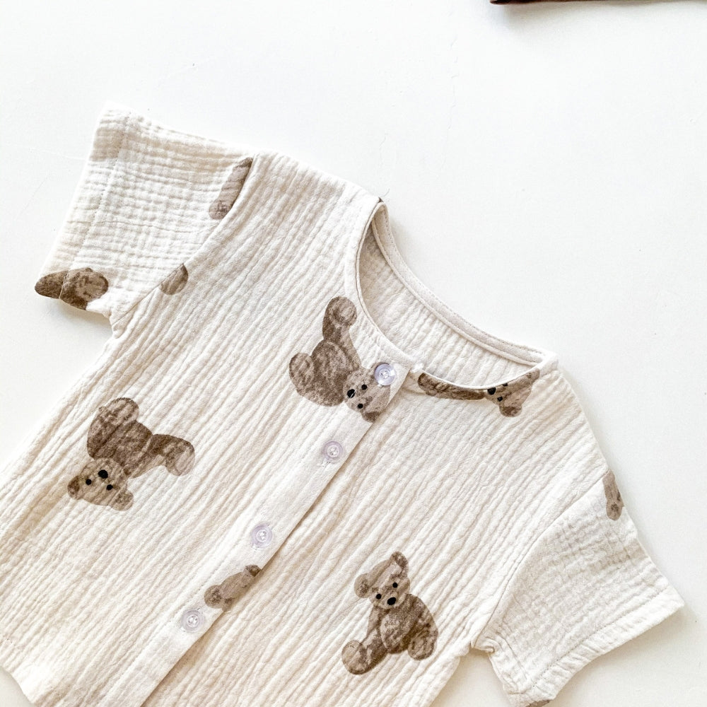Teddy Bear Buttoned Shirt and Shorts Set with Hat - Beekee