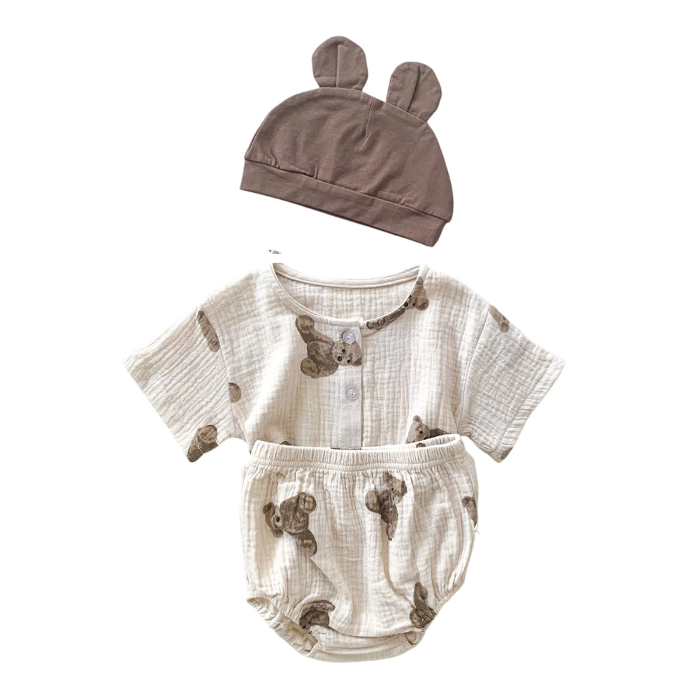 Teddy Bear Buttoned Shirt and Shorts Set with Hat - Beekee