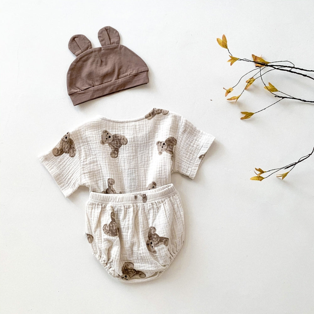 Teddy Bear Buttoned Shirt and Shorts Set with Hat - Beekee