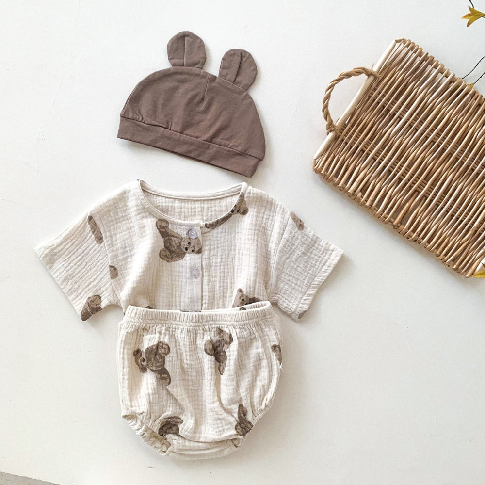 Teddy Bear Buttoned Shirt and Shorts Set with Hat - Beekee