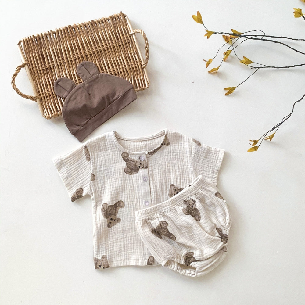Teddy Bear Buttoned Shirt and Shorts Set with Hat - Beekee