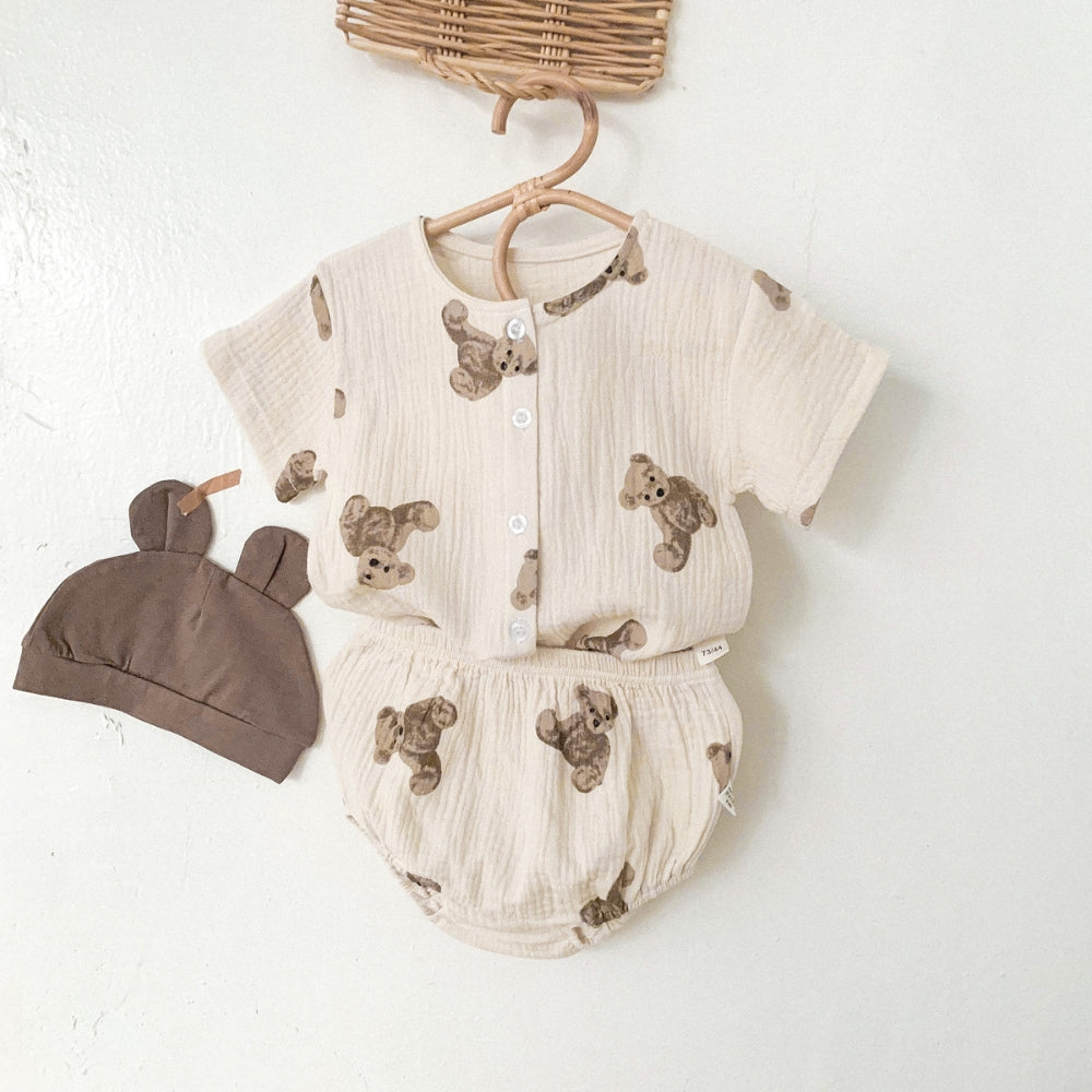 Teddy Bear Buttoned Shirt and Shorts Set with Hat - Beekee
