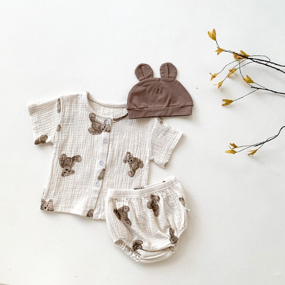 Teddy Bear Buttoned Shirt and Shorts Set with Hat - Beekee