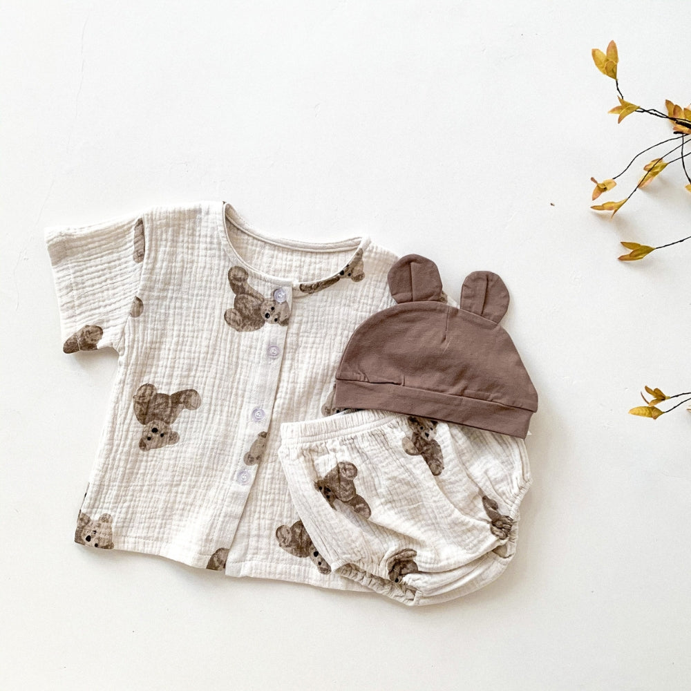 Teddy Bear Buttoned Shirt and Shorts Set with Hat - Beekee