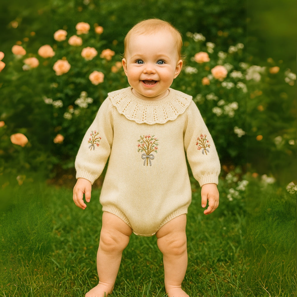 Vintage Embroidered Knitted Baby Romper - Beekee