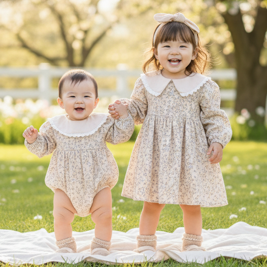 Vintage Floral Ruffle Collar Dress & Romper Set-Beekee