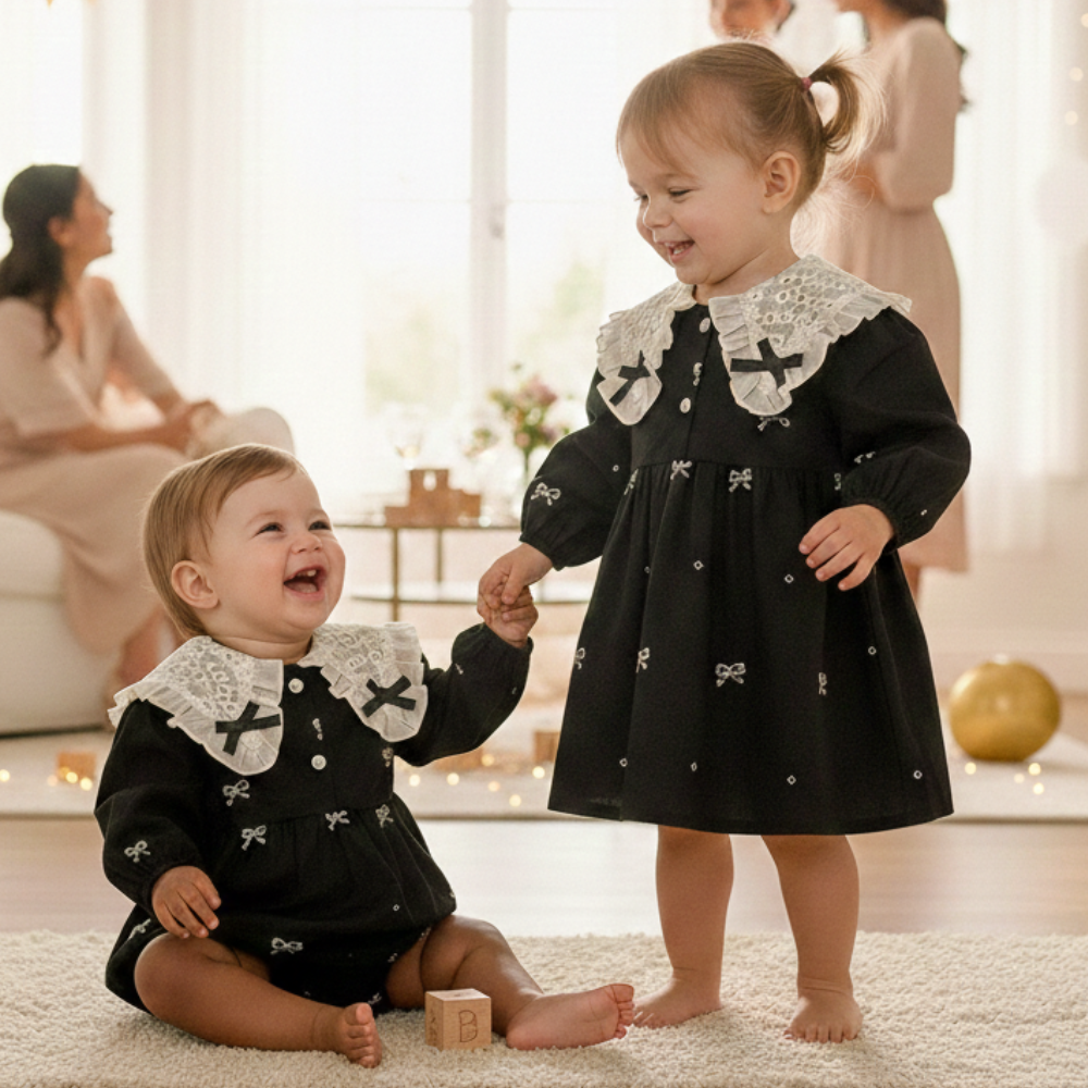 Sweet Floral Lace Collar Baby Dress & Romper Set-Beekee
