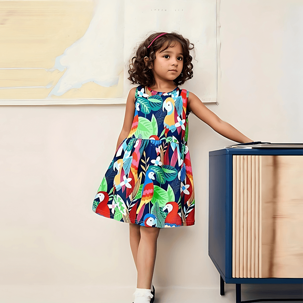 Colorful Tropical Parrot Girls Summer Dress - Beekee