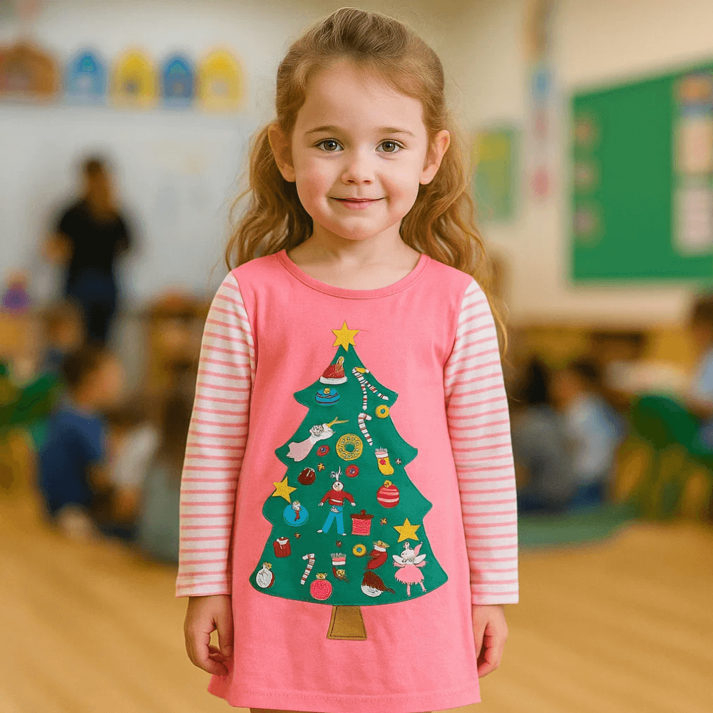 Girls Long Sleeve Dress | 100% Cotton Pink with Christmas Tree Appliqué | Sizes 2Y-7Y