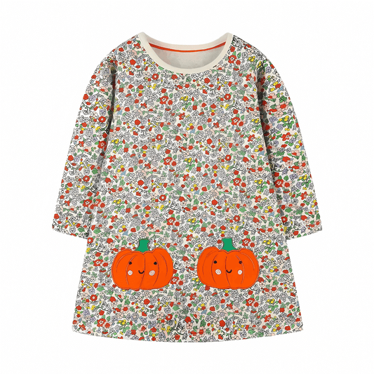 Sweet Pumpkin Floral Girls Long Sleeve Dress - Beekee
