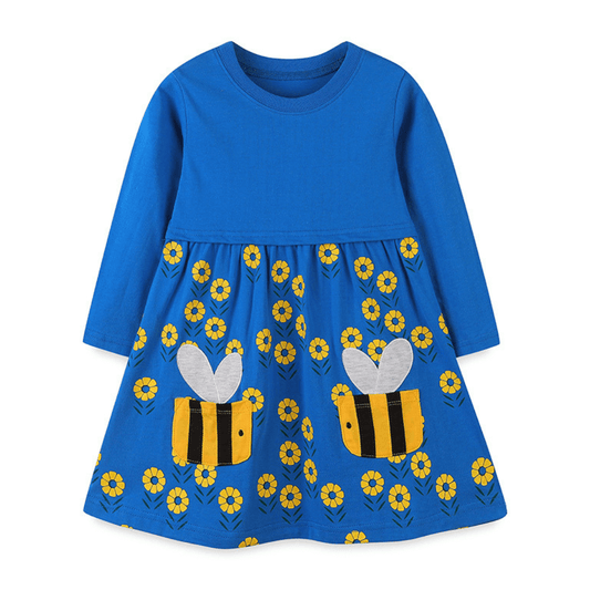 Cheerful Buzzing Bee & Flower Girls Long Sleeve Dress - Beekee