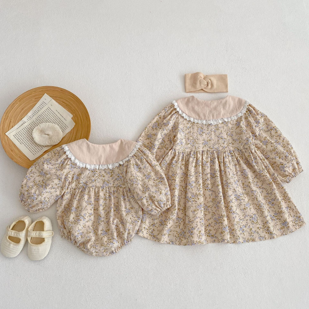 Vintage Floral Ruffle Collar Dress & Romper Set-Beekee