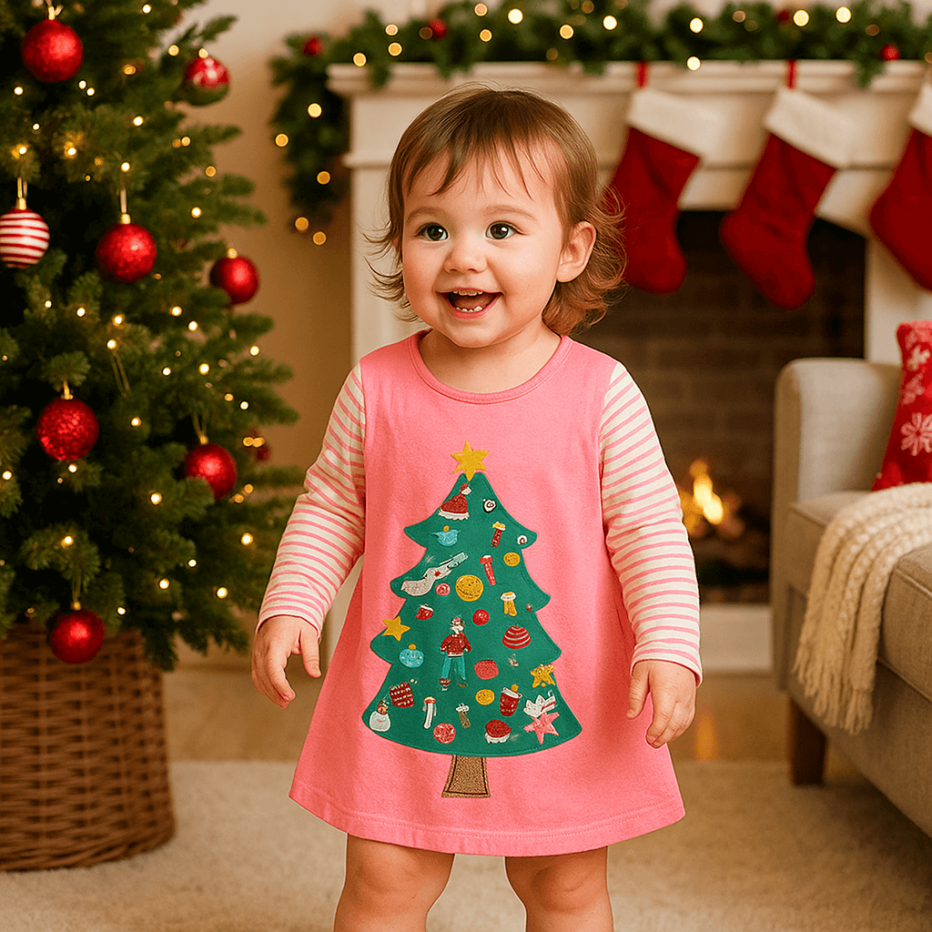 Festive Christmas Tree Girls Long Sleeve Dress - Beekee