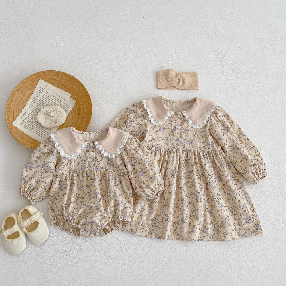 Vintage Floral Ruffle Collar Dress & Romper Set-Beekee