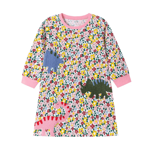 Girls Embroidered Dinosaur Floral Long Sleeve Dress - Beekee