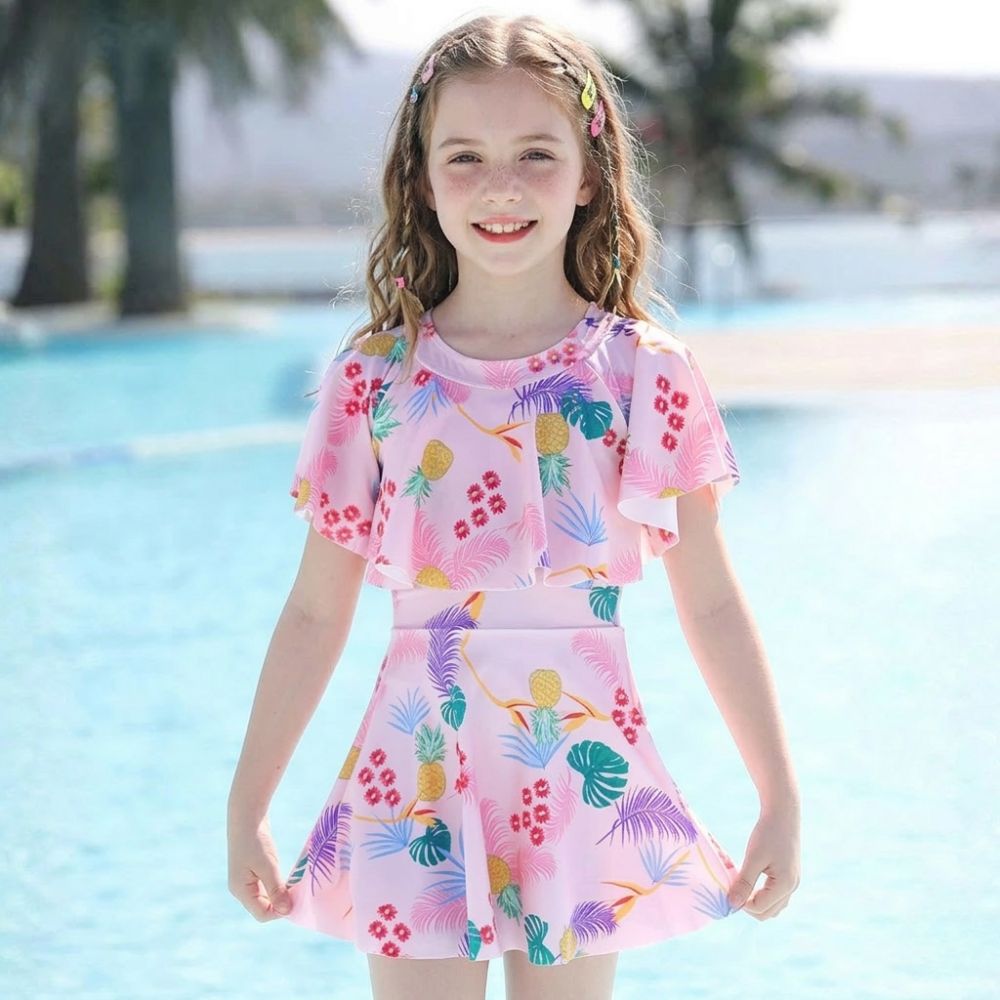 Adorable Tropical Floral Girls' Swim Set-Beekee