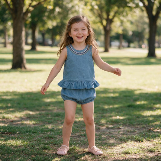 Sweet Denim Ruffle Top & Bloomer Baby Set - Beekee