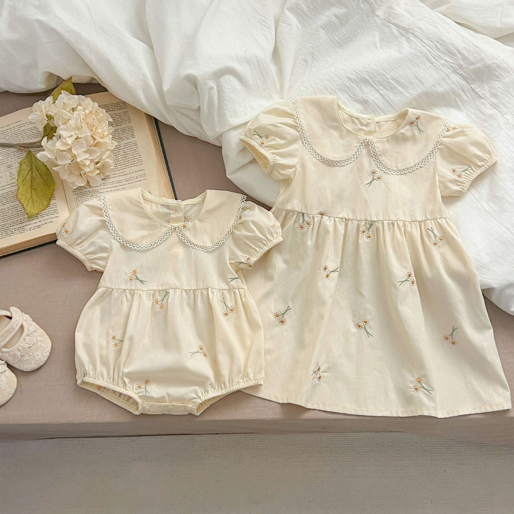 Daisy Embroidered Baby Romper & Dress Set-Beekee