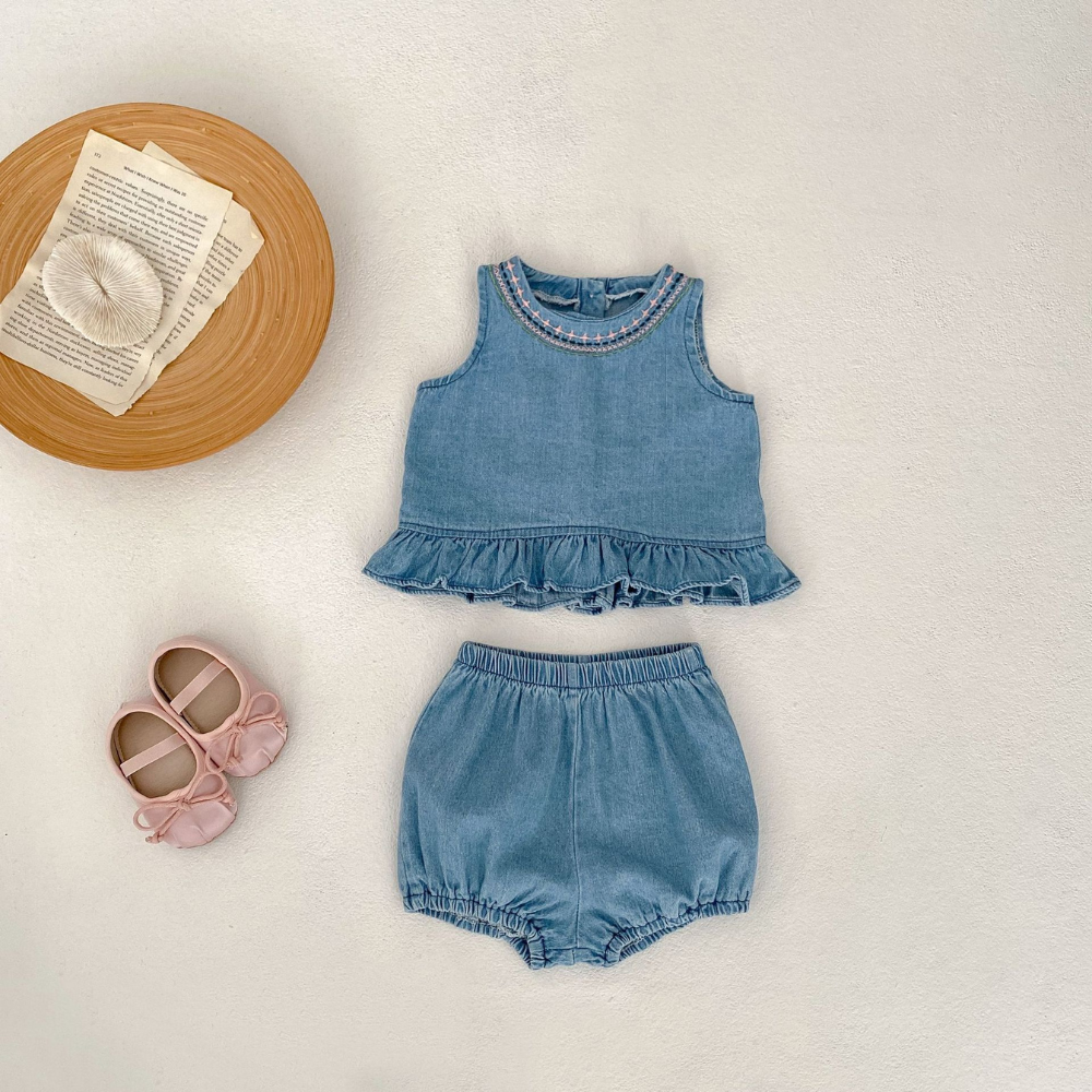 Sweet Denim Ruffle Top & Bloomer Baby Set - Beekee