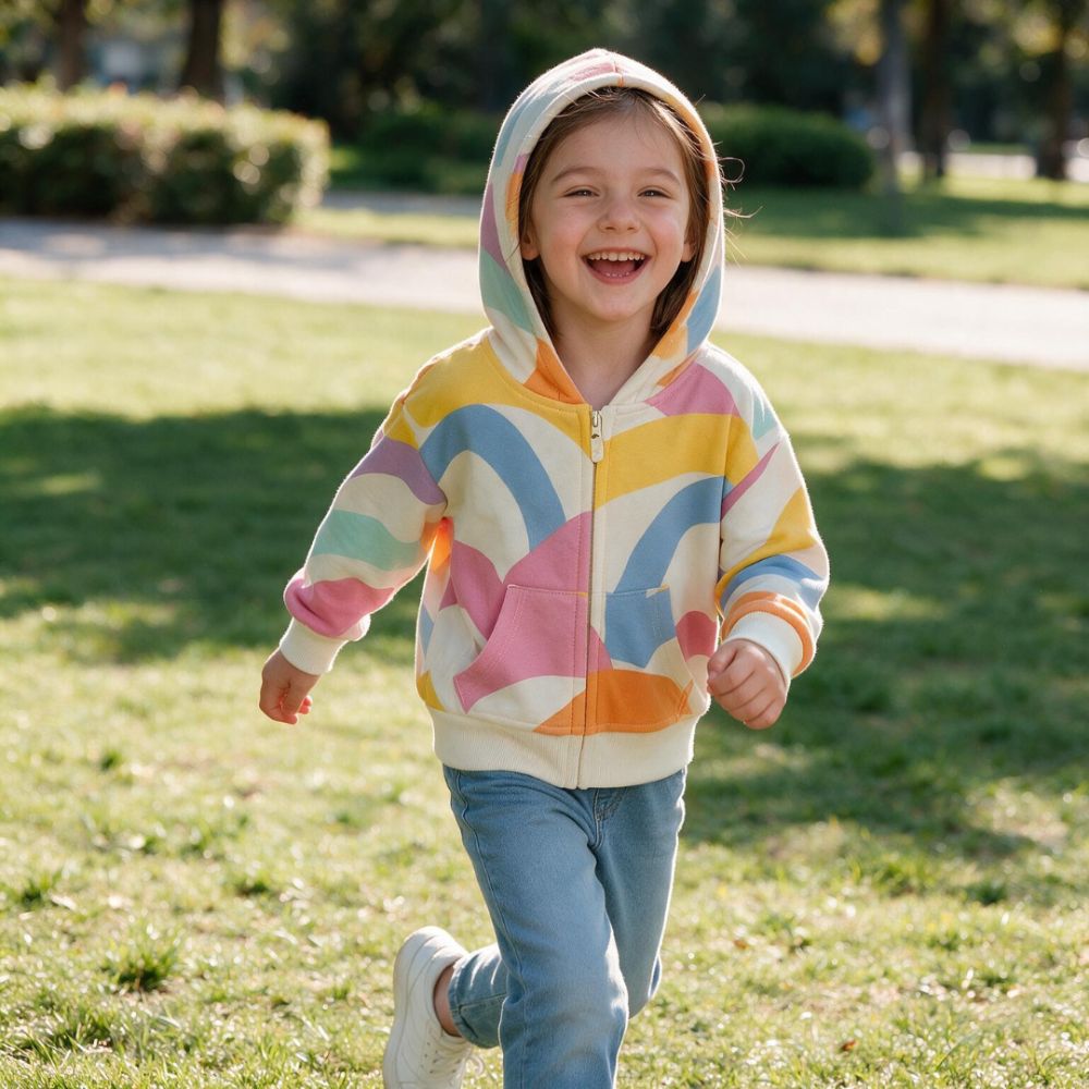 Playful Wave Print Zip-Up Hoodie