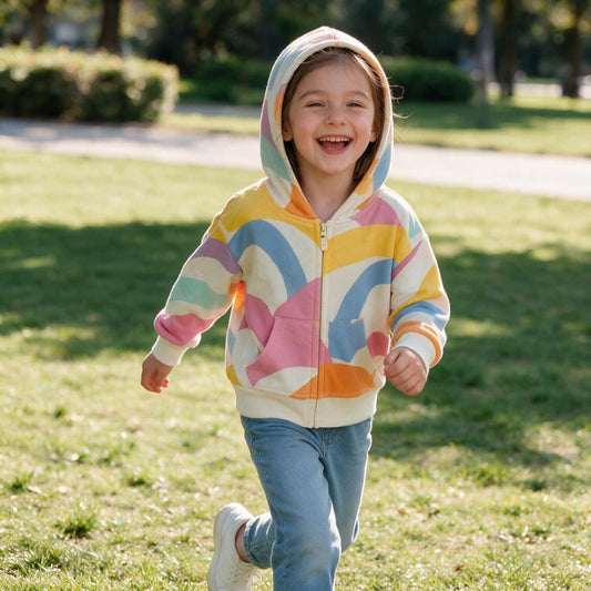 Playful Wave Print Zip-Up Hoodie