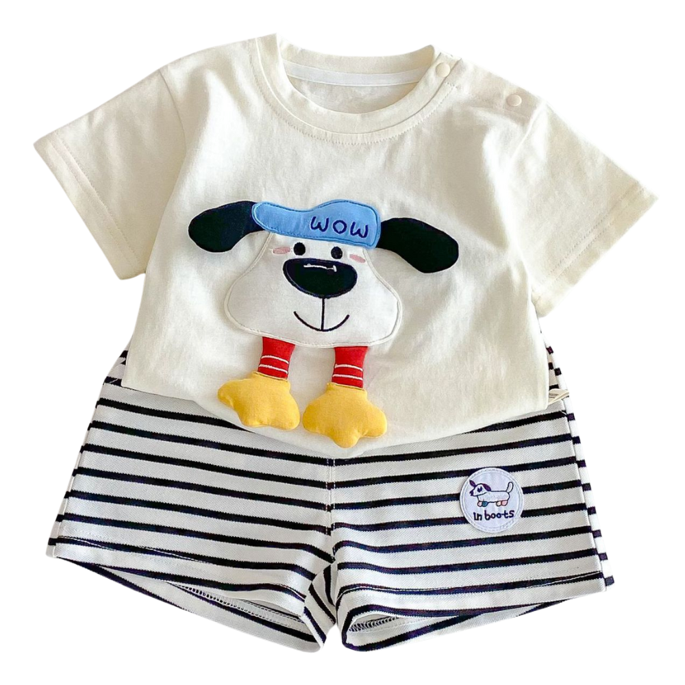 Cute Puppy 3D T Shirt & Striped Shorts Set for Kids-Beekee