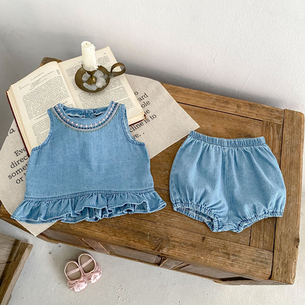 Sweet Denim Ruffle Top & Bloomer Baby Set - Beekee
