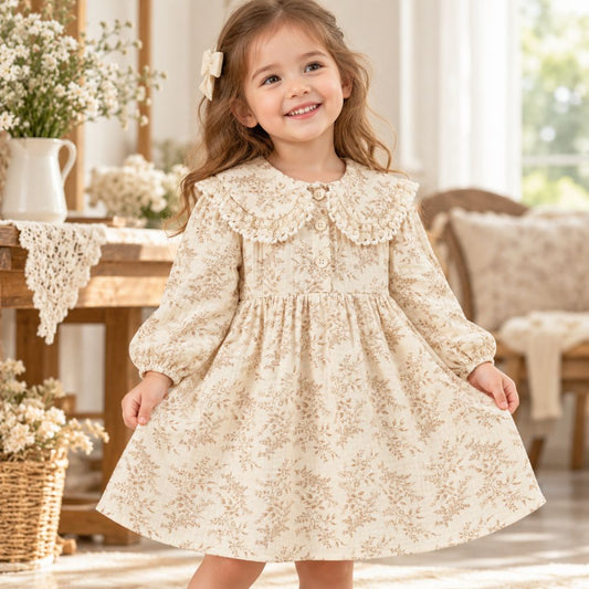 Sweet Floral Toddler Girls Princess Dress with Lace Collar-Beekee