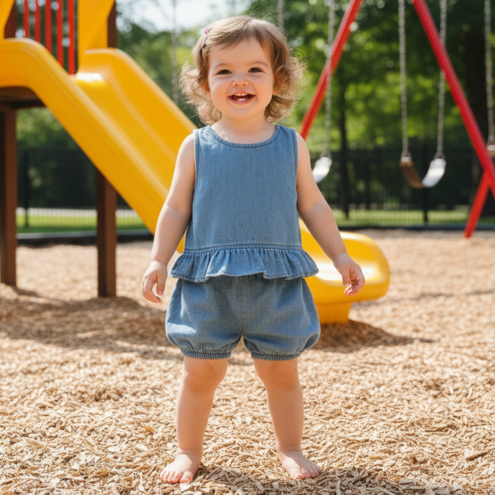 Sweet Denim Ruffle Top & Bloomer Baby Set - Beekee