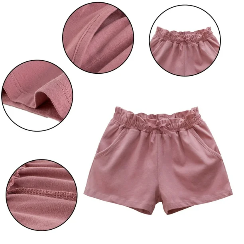 Girls' Ruffle Waist Drawstring Cotton Shorts-Beekee