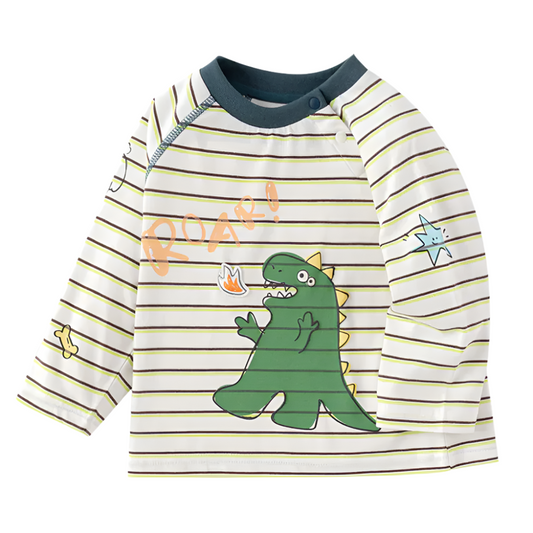 Boys Striped Dinosaur Print Long Sleeve Shirt - Beekee
