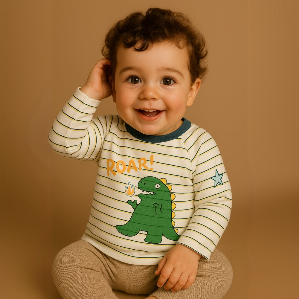 Boys Striped Dinosaur Print Long Sleeve Shirt - Beekee