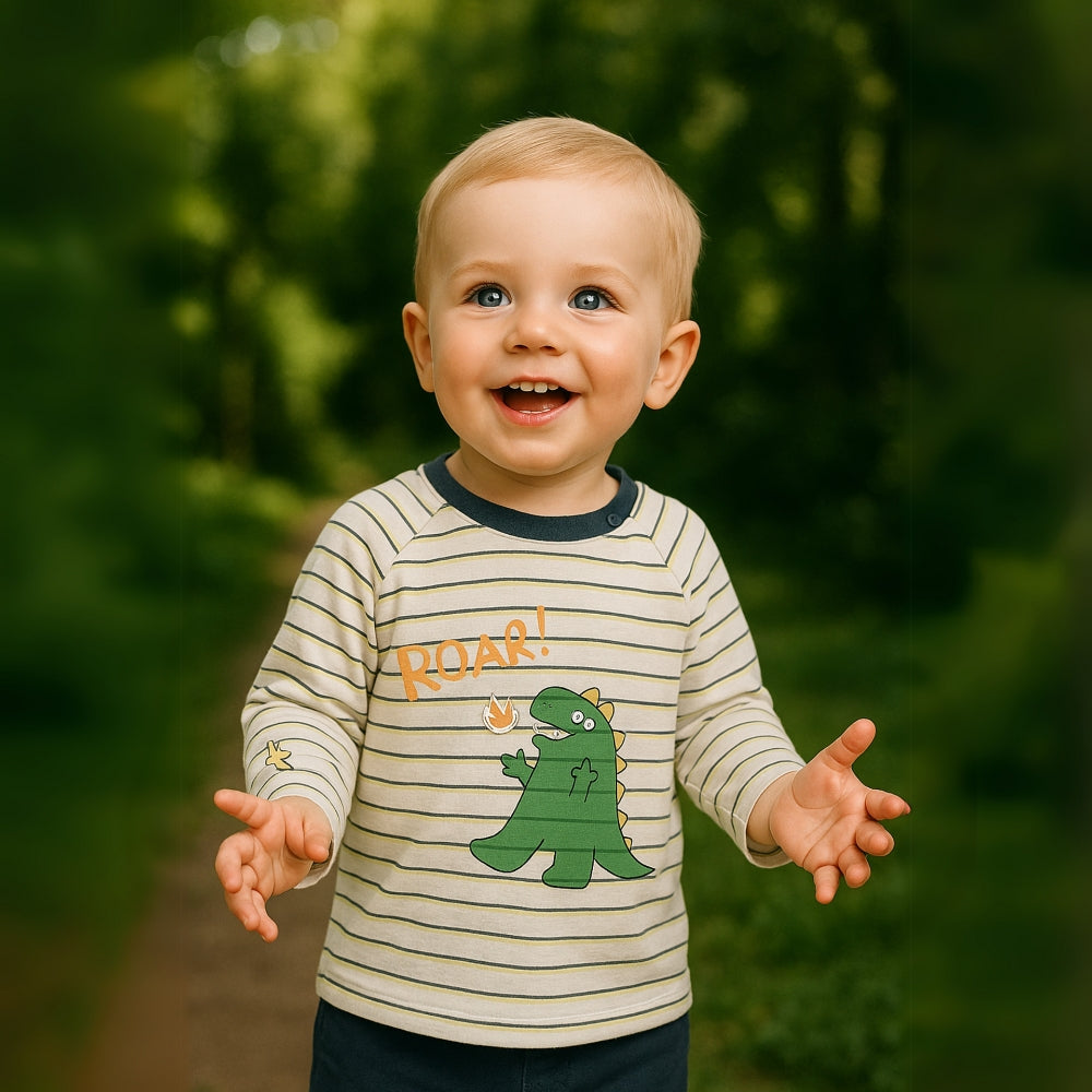 Boys Striped Dinosaur Print Long Sleeve Shirt - Beekee