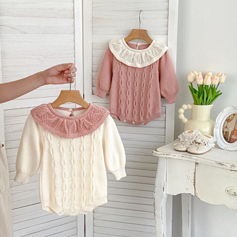 Cable Knit Lace Collar Baby Romper - Beekee