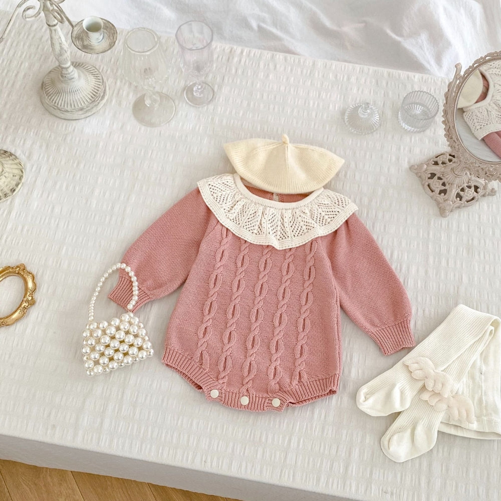Cable Knit Lace Collar Baby Romper - Beekee