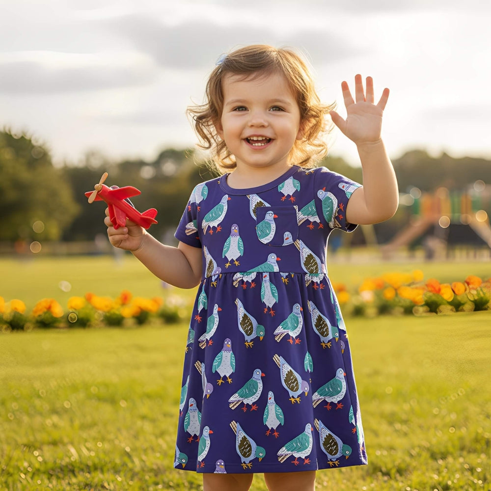 Cheerful Purple Pigeon Print Girls Dress With Pocket - Beekee