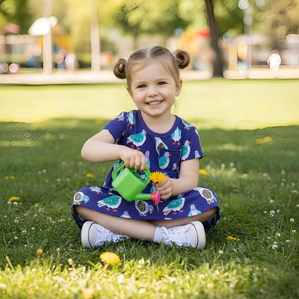 Cheerful Purple Pigeon Print Girls Dress With Pocket - Beekee
