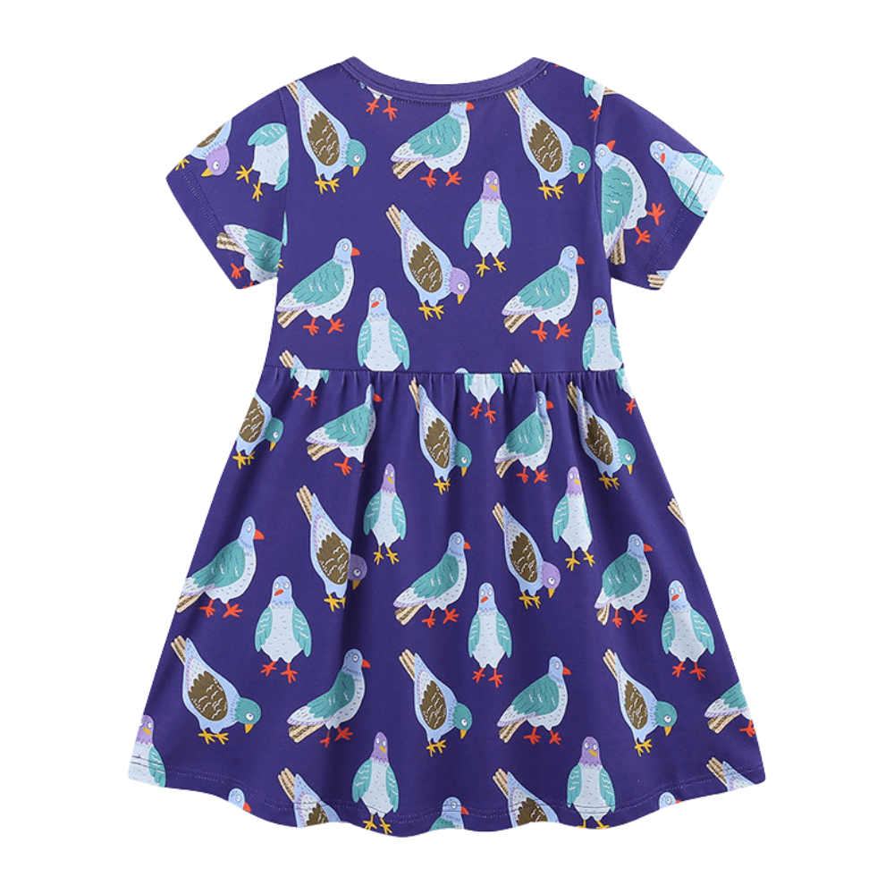 Cheerful Purple Pigeon Print Girls Dress With Pocket - Beekee