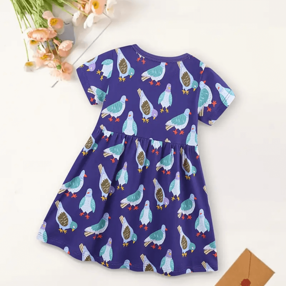 Cheerful Purple Pigeon Print Girls Dress With Pocket - Beekee