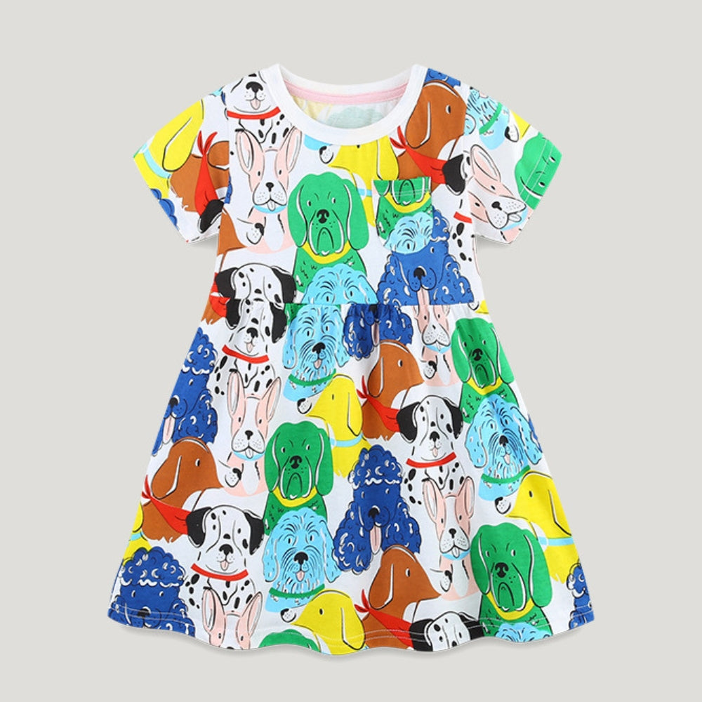 Colorful Puppy Print Girls Dress - Beekee
