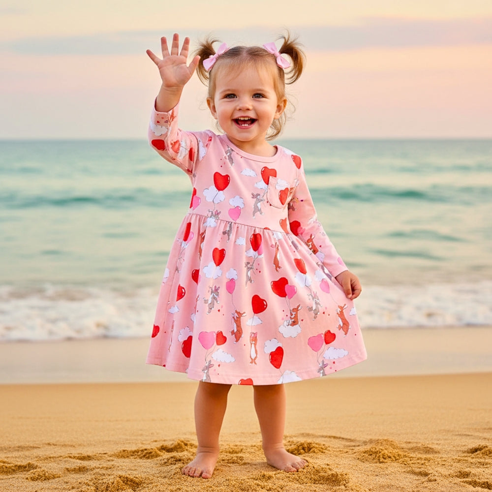 Cozy Pink Heart & Animal Balloon Girls Long Sleeve Dress - Beekee