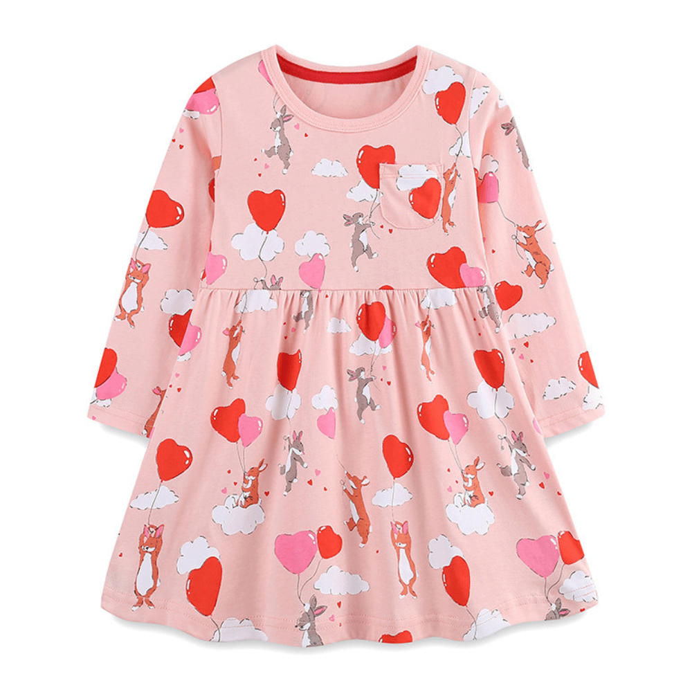 Cozy Pink Heart & Animal Balloon Girls Long Sleeve Dress - Beekee