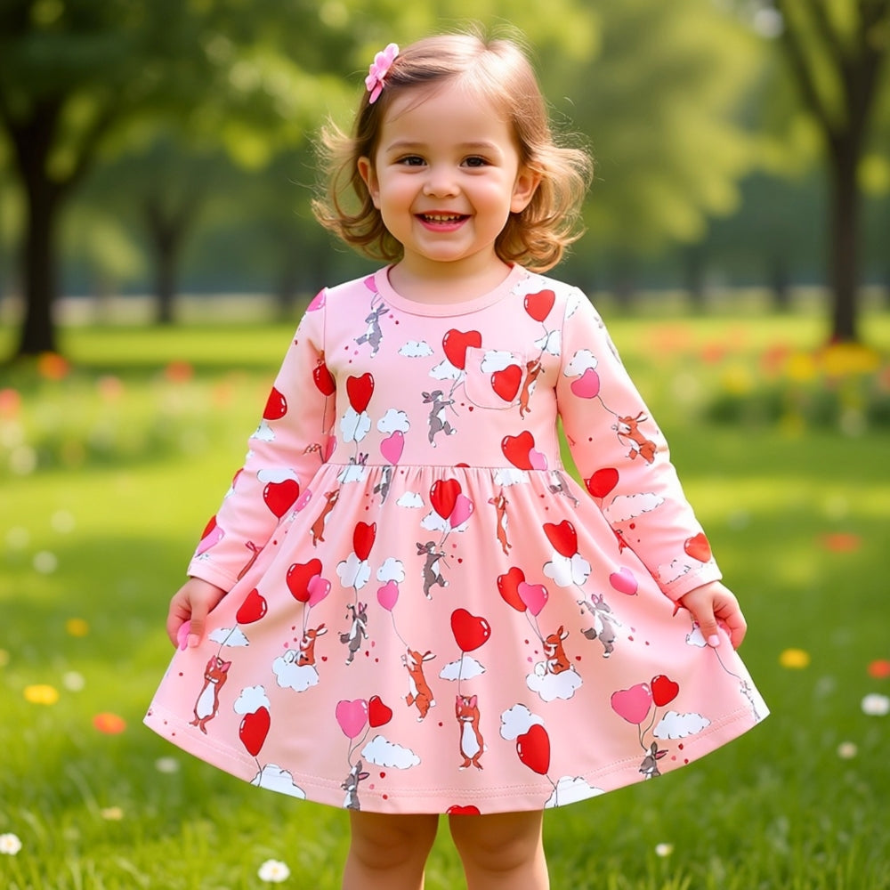 Cozy Pink Heart & Animal Balloon Girls Long Sleeve Dress - Beekee