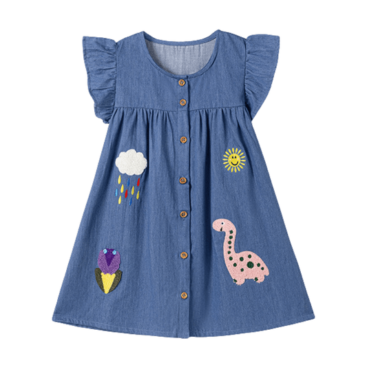 Cute Embroidered Denim Girls Dress With Ruffle Sleeves - Beekee