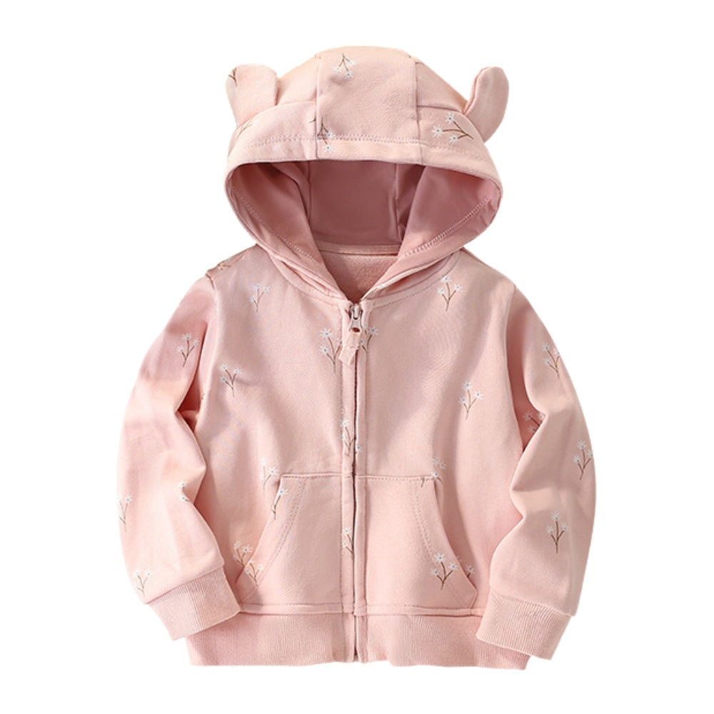 Cute Floral Bear Ear Zip Hoodie - Beekee